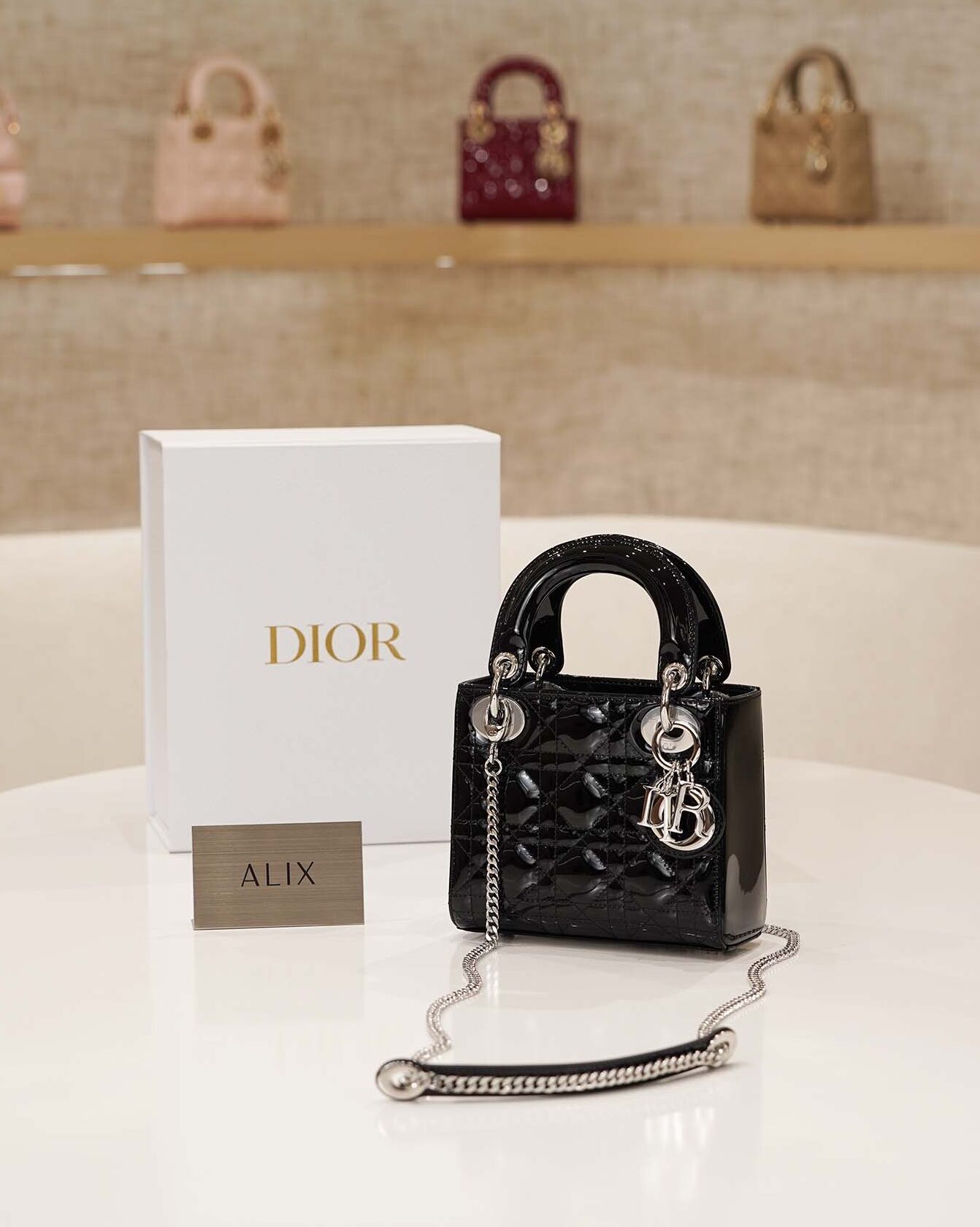 DIOR LADY – MINI – BLACK – PATENT CANNAGE CALFSKIN – SILVER