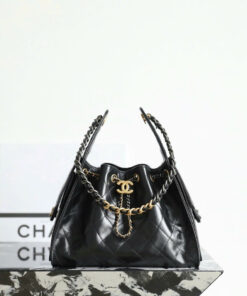 CHANEL 25 – SMALL – BLACK – SHINY CALFSKIN – AGED GOLD & AGED RUTHENIUM